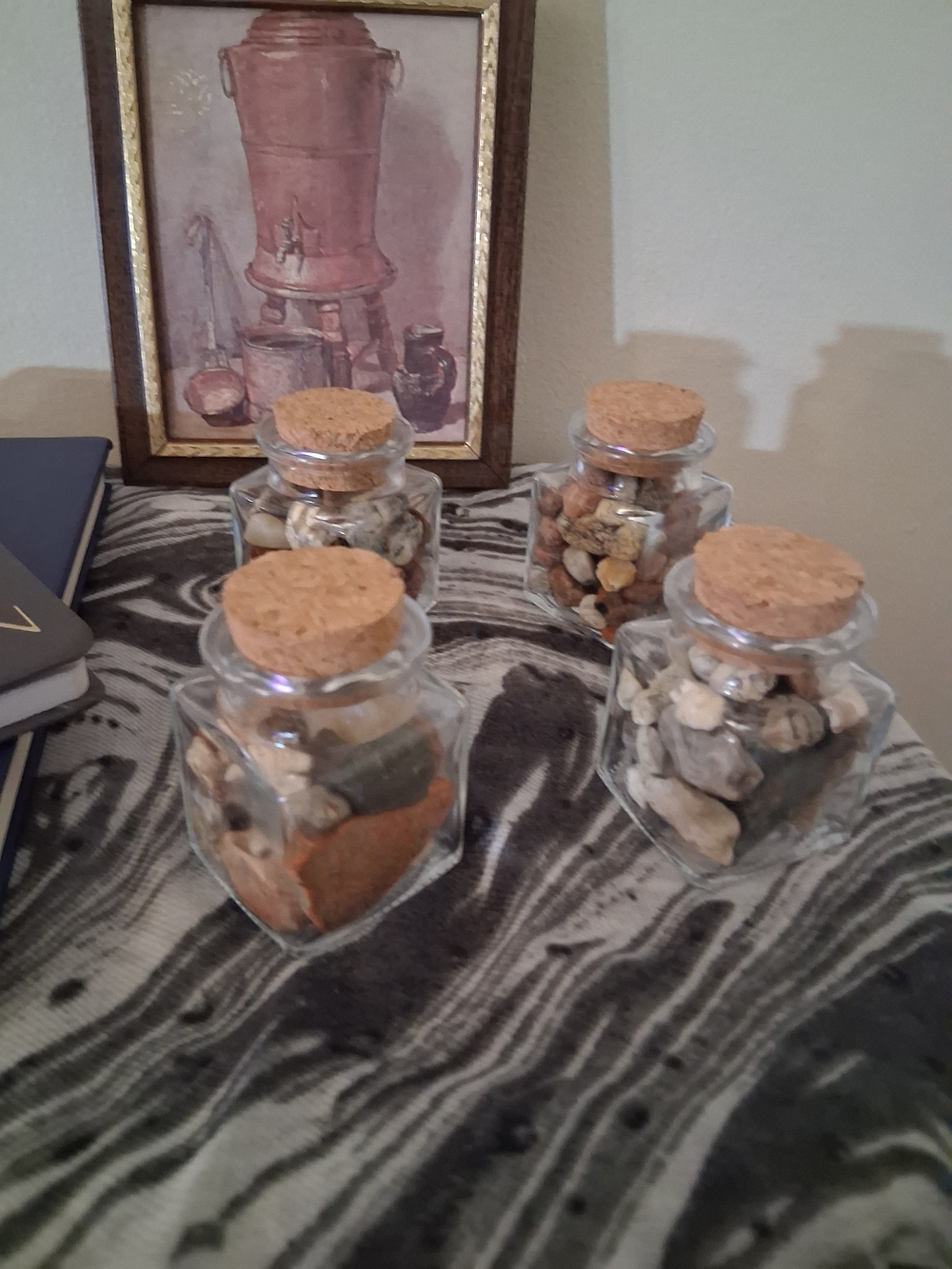 Set of Four Small Square Glass Jars with Cork Tops and Mixed Pebbles